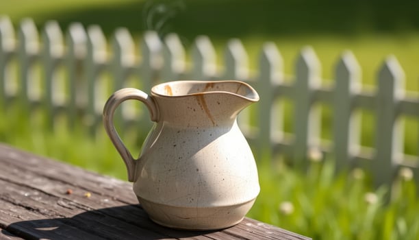 A clay pitcher with steam rising in the sunlight suggests warm beverages, ideal for outdoor dining or rustic settings, perfect for home decor, cafes, or wellness events. photo