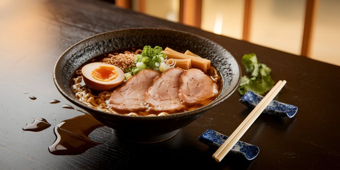 Delicious Ramen Bowl with Pork and Egg, Ready to Dine photo