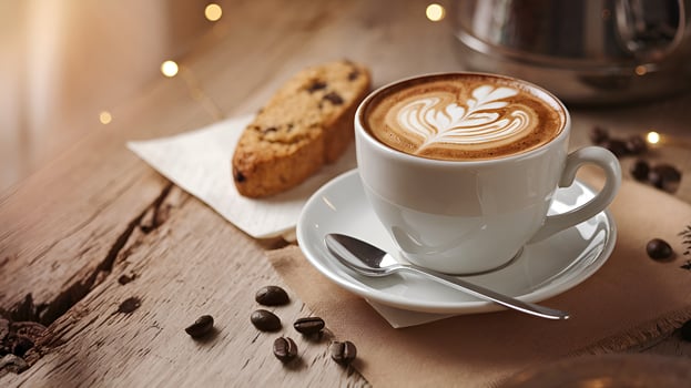 Delicious Latte with Artistic Foam Art and Biscotti on a Rustic Wooden Table photo