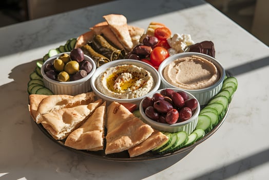 A beautifully arranged platter showcasing a variety of Mediterranean appetizers. photo