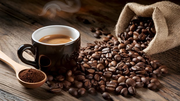 Aromatic Espresso and Coffee Beans on Rustic Wood photo