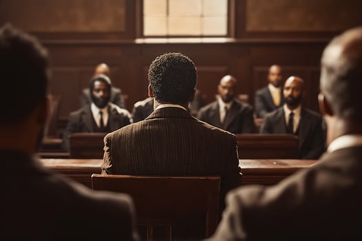 Dramatic Historical Courtroom Scene Featuring Focused Male Defendant and Jury photo