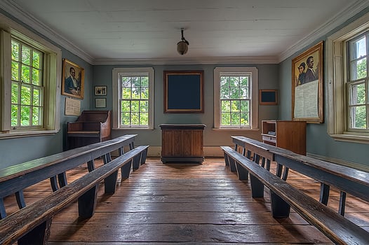 Historical Classroom Interior with Vintage Desks and Educational Artwork Displayed photo