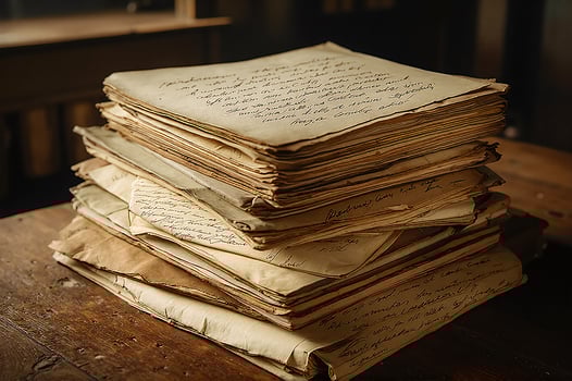 Vintage Historical Manuscripts Stacked on a Table with Handwritten Notes photo