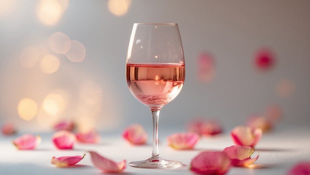 Elegant glass of rose wine surrounded by scattered rose petals on a soft background during an intimate setting photo