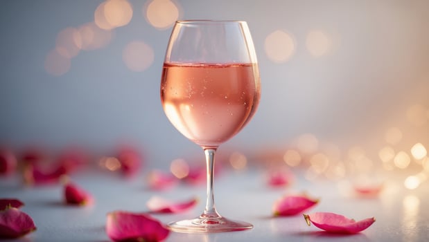 Elegant glass of rose wine surrounded by rose petals at a soft lit setting during a romantic evening photo