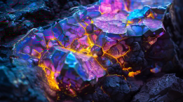 A breathtaking opal stone displays an array of vibrant colors, showcasing enchanting patterns as sunlight illuminates its surface. The surrounding dark materials enhance its brilliance. photo