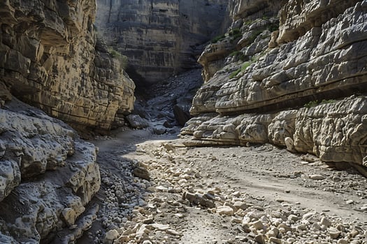Dramatic Canyon Landscape with Eroded Rock Formations and Rocky Streambed Showcasing Geological Maje photo