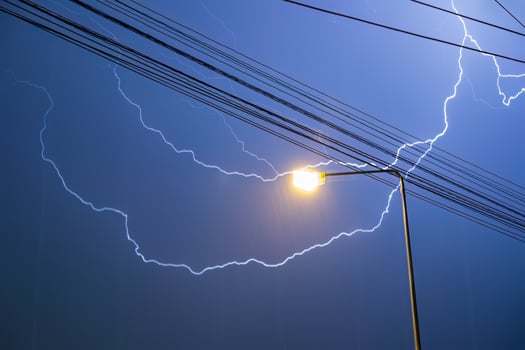 Street light pole with powerful lighting bolt and raining photo