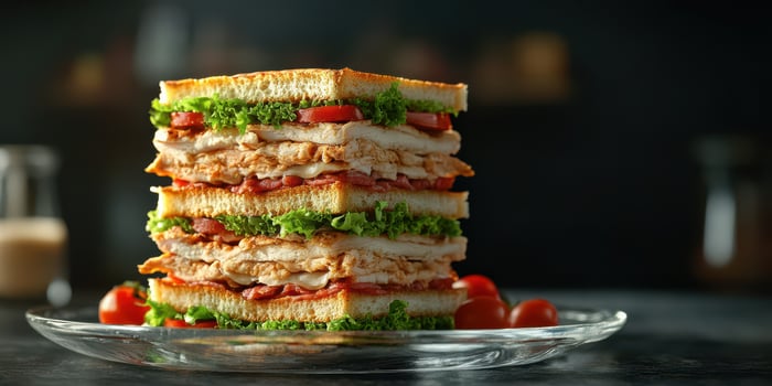 Layered sandwich with lettuce, tomatoes, and chicken fillet served on a glass plate in a dimly lit setting photo