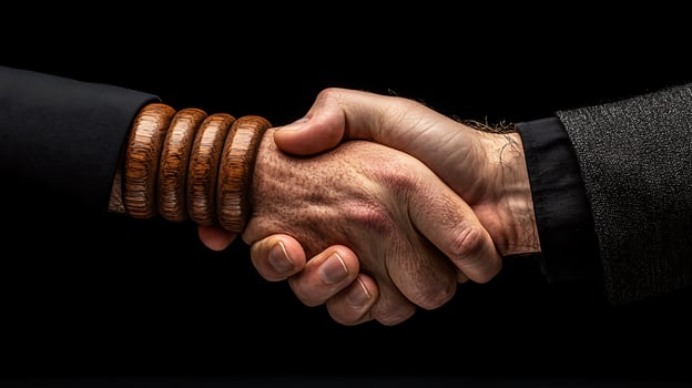 Two men shaking hands with wooden bracelets photo