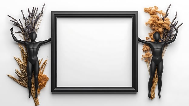 A black frame with two figures holding a plant photo