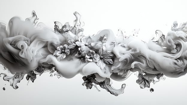 A black and white photo of a flower in water