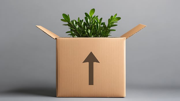 A plant in a cardboard box with an arrow pointing to it photo