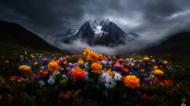 A field of flowers in front of a mountain photo