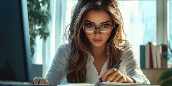 Young woman studying intently with glasses in a well-lit modern office space during the afternoon photo