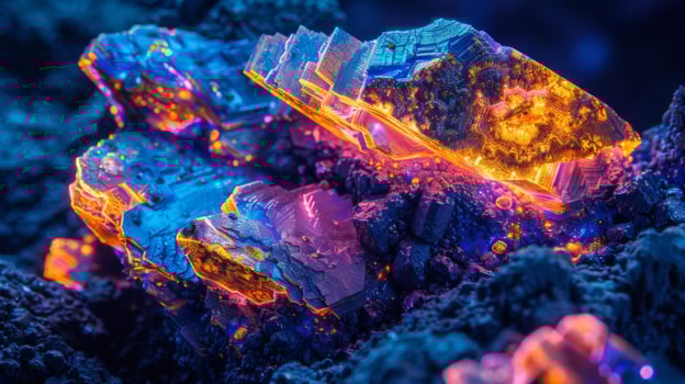 Remarkable mineral formations glow brilliantly under ultraviolet light, revealing detailed textures and striking colors that highlight the beauty of geological wonders. photo