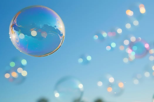 A Single Large Soap Bubble Dominates the Sky Surrounded by a Symphony of Smaller Shimmering Bubbl photo