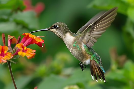 A Hummingbird in Flight Gracefully Feeding on Vibrant Blossoms photo