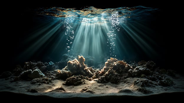 Underwater scene with rays of light shining through the water photo