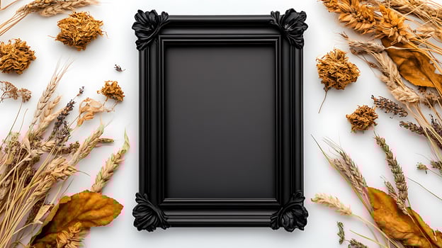 Black frame with dried flowers on white background photo