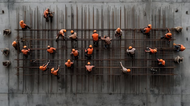 A group of construction workers working on a concrete structure photo