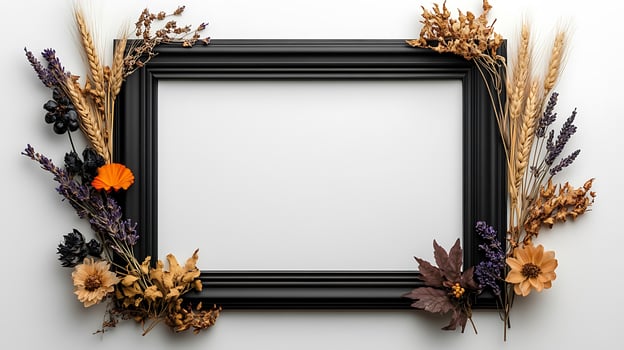 A black frame with dried flowers and wheat on a white wall photo