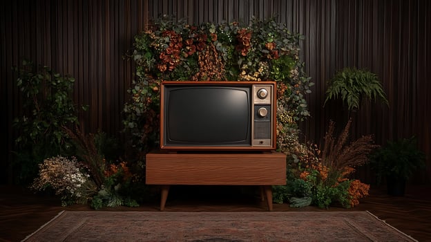 An old television sits in front of a wall with plants photo