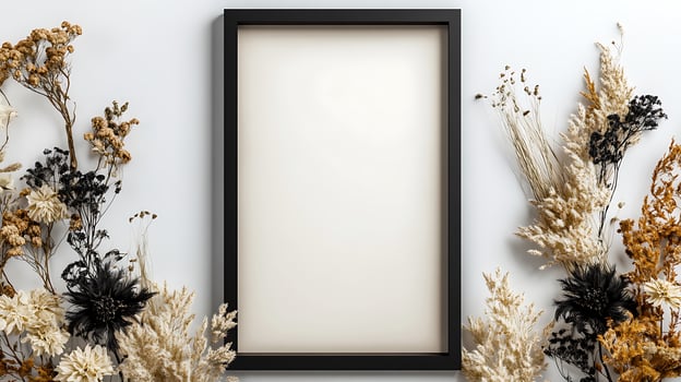 A blank frame surrounded by dried flowers photo