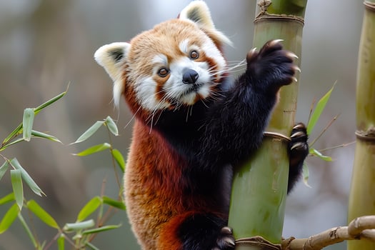 Adorable Red Panda with Captivating Gaze Holds Tightly onto a Vibrant Green Bamboo Stalk in Its Natu photo