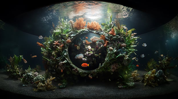 A large aquarium with a circular mirror in it photo