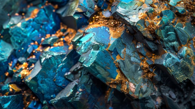Bright blue and shimmering golden minerals cluster together, revealing detailed textures and formations in a stunning geological specimen found underground, showcasing nature's artistry. photo