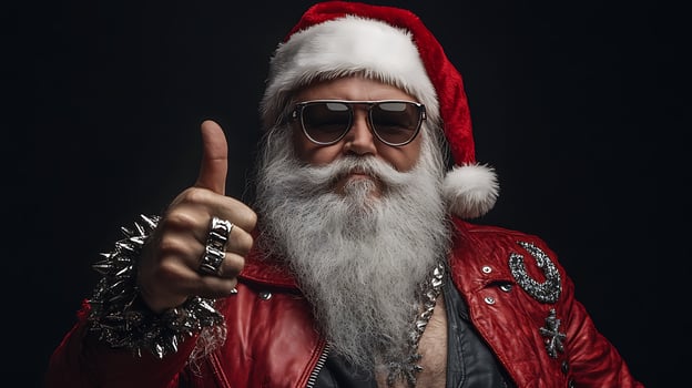 A man in a santa claus costume with sunglasses and a red leather jacket photo
