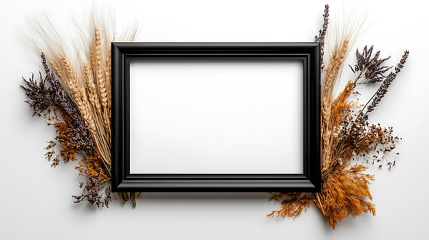 A black frame surrounded by dried plants and dried flowers photo