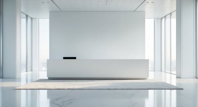 Bright office lobby with white reception desk photo