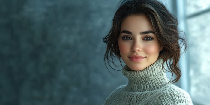 Young woman with radiant smile poses in cozy knit sweater against a soft blue background photo