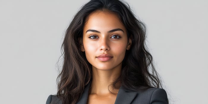Professional woman poses confidently indoors with a neutral background while wearing a dark business suit and displaying natural beauty photo