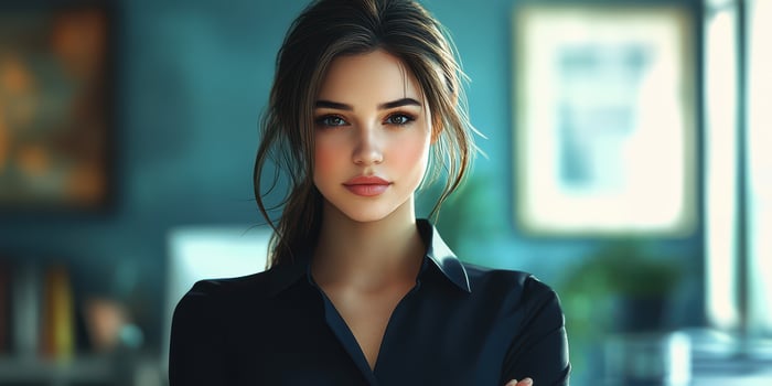 Confident young woman in office setting with natural light during the day photo