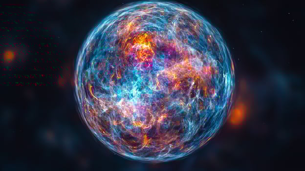 celestial sphere showcases vibrant heat patterns symbolizing temperature variations from Big Bang. dark space beyond highlights vastness of universe photo