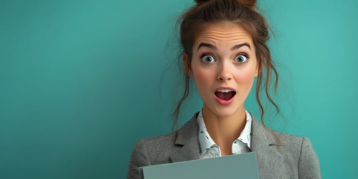 Excited woman holding a binder against a vibrant teal background with an expression of surprise photo
