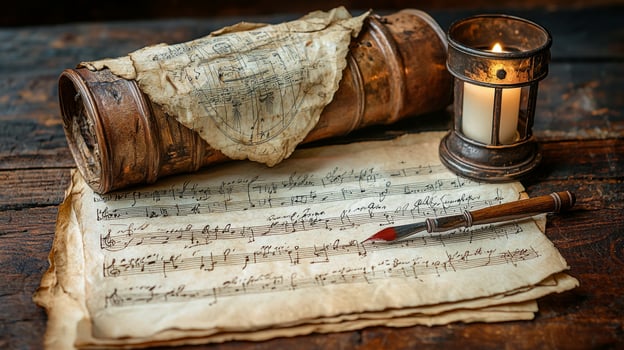 vintage writing desk showcases flickering candle beside delicate quill dipped in deep red ink crafting half written confession on single sheet of paper photo