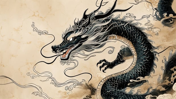 Majestic black dragon soaring amidst swirling clouds in an artistic illustration with intricate details photo