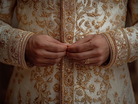 Muslim man delicately ties sash of his beautifully embroidered Pakistani sherwani showcasing intricate golden details soft indoor lighting in preparation for Eid al Fitr photo