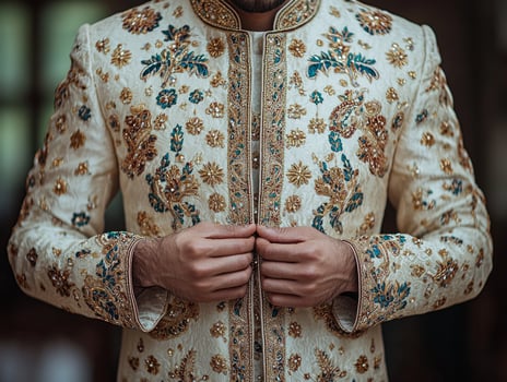 Elegant hands deftly tie sash of beautifully embroidered Pakistani sherwani showcasing rich cultural heritage and festive spirit of Eid al Fitr celebrations indoors photo