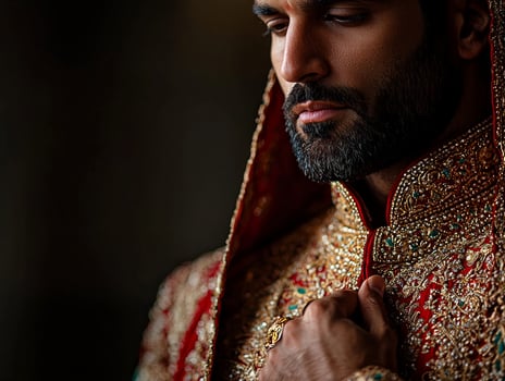 Muslim man carefully ties sash of his intricately embroidered sherwani showcasing rich gold details. warm indoor lighting enhances festive spirit of Eid al Fitr photo