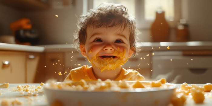 Child enjoying messy playtime with macaroni and cheese in a bright kitchen photo