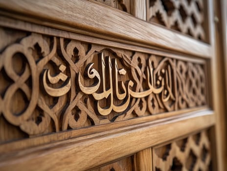Handcrafted Arabic calligraphy wall decor features intricate wooden carvings surrounded small illuminated lanterns creating warm ambiance photo