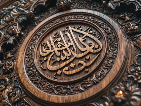 Handcrafted Arabic calligraphy decor is beautifully illuminated small lanterns on each side symbolizing joy of Eid al Fitr and family reunions during festive Islamic celebrations photo