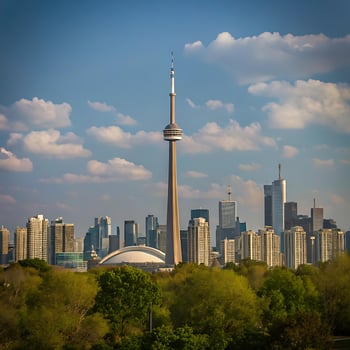 A city skyline with a large tower in the background photo