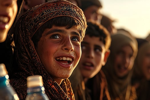 group of joyful young Muslim boys are giving water bottles labor workers hot sun showing their compassion and kindness during celebration of Eid al Fitr photo